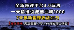 全新赚钱平台3.0玩法一天精准引流创业粉1000.7天被动躺Z收益21W【仅揭秘】-金易项目网
