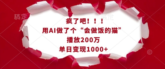 疯了吧！用AI做了个“会做饭的猫”，播放200万，单日变现1k-金易项目网