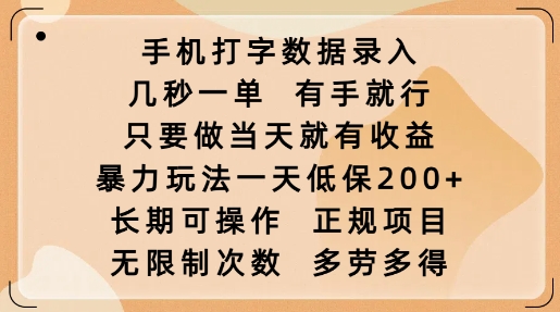 手机打字数据录入，几秒一单，有手就行，只要做当天就有收益，暴力玩法一天低保2张-金易项目网