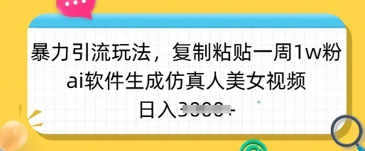 暴力引流玩法，复制粘贴一周1w粉，ai软件生成仿真人美女视频，日入多张-金易项目网