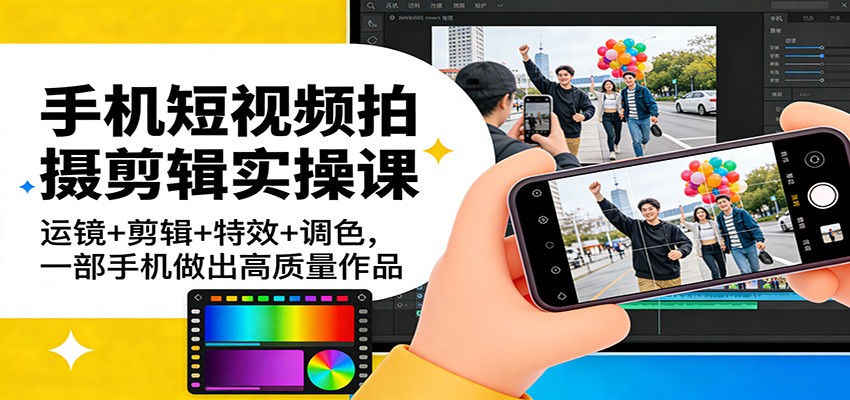 手机短视频拍摄剪辑实操课：运镜+剪辑+特效+调色，一部手机做出高质量作品-金易项目网