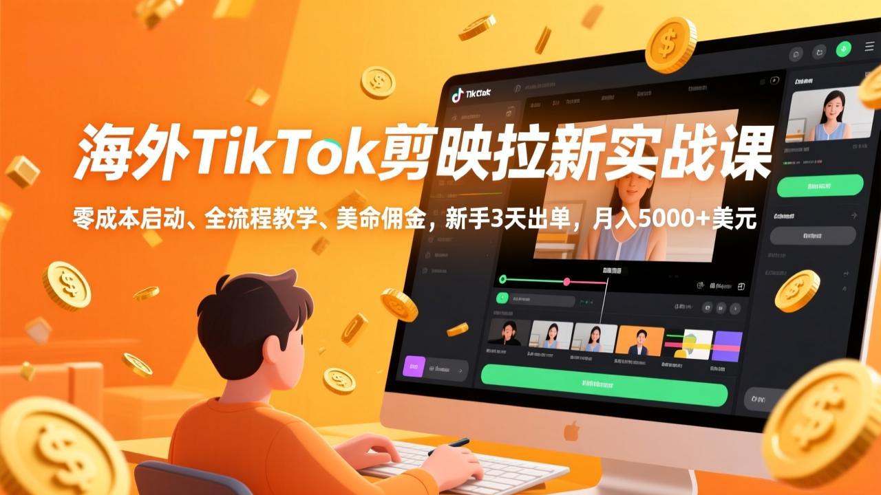 海外TikTok剪映拉新实战课，零成本启动、全流程教学、美金佣金，新手3天出单，月入5000+美元-金易项目网