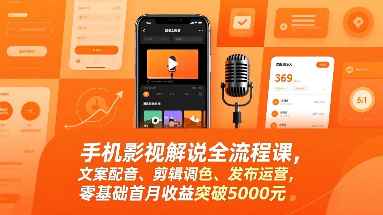 手机影视解说全流程课，文案配音、剪辑调色、发布运营，零基础首月收益突破5000元-金易项目网