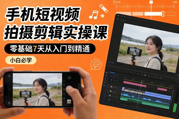 手机短视频拍摄剪辑实操课，零基础7天从入门到精通，小白必学-金易项目网