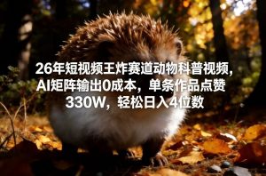 26年短视频王炸赛道动物科普视频，AI矩阵输出0成本，单条作品点赞330W，轻松日入4位数-金易项目网