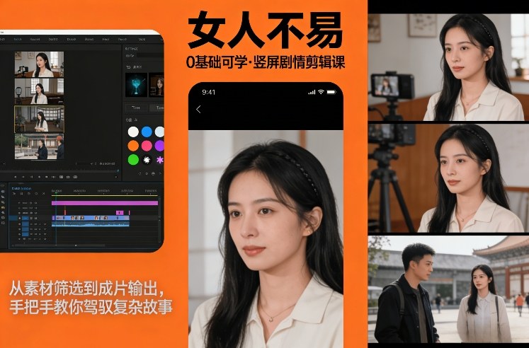 0基础可学！《女人不易》竖屏剧情剪辑课，从素材筛选到成片输出，手把手教你驾驭复杂故事-金易项目网