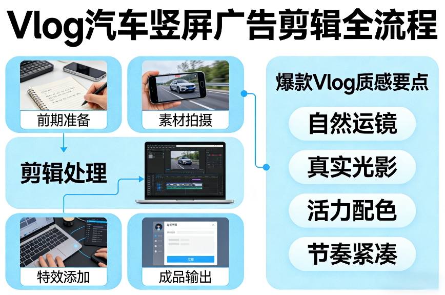 Vlog感觉汽车竖屏广告剪辑脚本全流程，拿捏爆款Vlog质感-金易项目网