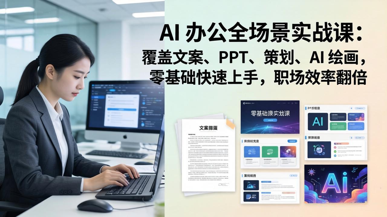 AI 办公全场景实战课：覆盖文案、PPT、策划、AI 绘画，零基础快速上手，职场效率翻倍-金易项目网