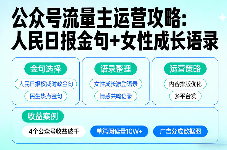 利用人民日报金句+女性成长语录做公众号流量主，4个公众号收益破千-金易项目网