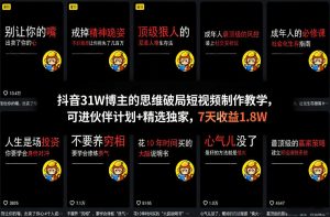 抖音31W博主的思维破局短视频制作教学，可进伙伴计划+精选独家，7天收益1.8W-金易项目网