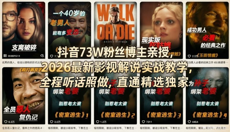 抖音73W粉丝博主亲授，2026最新影视解说实战教学，全程听话照做，直通精选独家-金易项目网