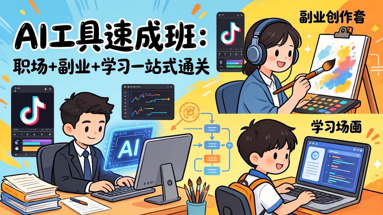 AI工具速成班：职场+副业+学习一站式通关，20+爆款类型+剪映技巧+抖音算法，0基础快速上手-金易项目网