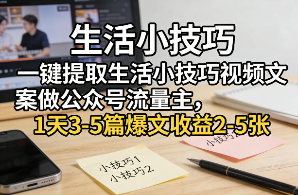 一键提取生活小技巧视频文案做公众号流量主，1天3-5篇爆文收益2-5张-金易项目网