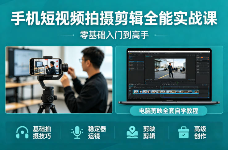 手机短视频拍摄剪辑全能实战课：零基础入门到高手，稳定器运镜+电脑剪映全套自学教程-金易项目网