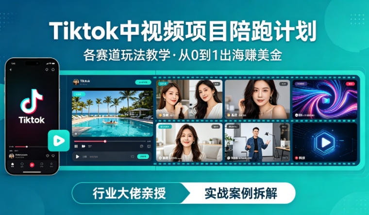 某大佬的Tiktok中视频项目陪跑，涵盖TK各个赛道玩法教学，从0到1出海賺美金-金易项目网