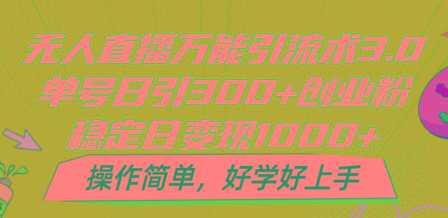 无人直播万能引流术3.0，单号日引300+创业粉，稳定日变现1000+，操作简单-金易项目网