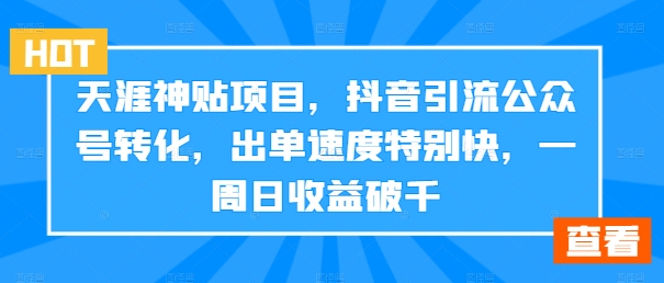 天涯神贴项目，抖音引流公众号转化，出单速度特别快，一周日收益破千-金易项目网