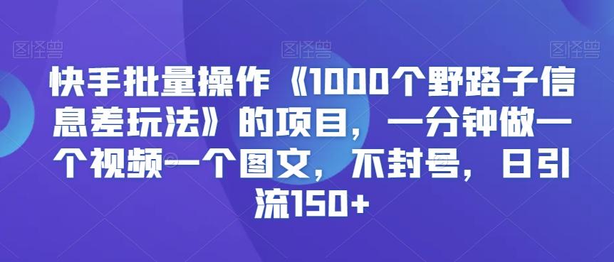 快手批量操作《1000个野路子信息差玩法》的项目，一分钟做一个视频一个图文，不封号，日引流150+【揭秘】-金易项目网
