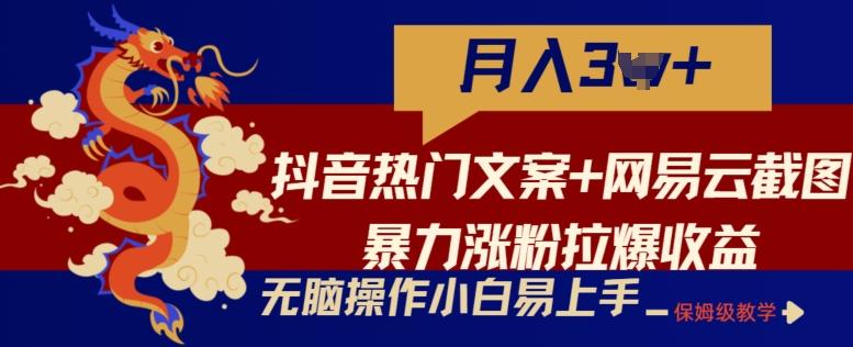 抖音热门文案+网易云截图暴力涨粉拉爆收益玩法，小白无脑操作，简单易上手【揭秘】-金易项目网