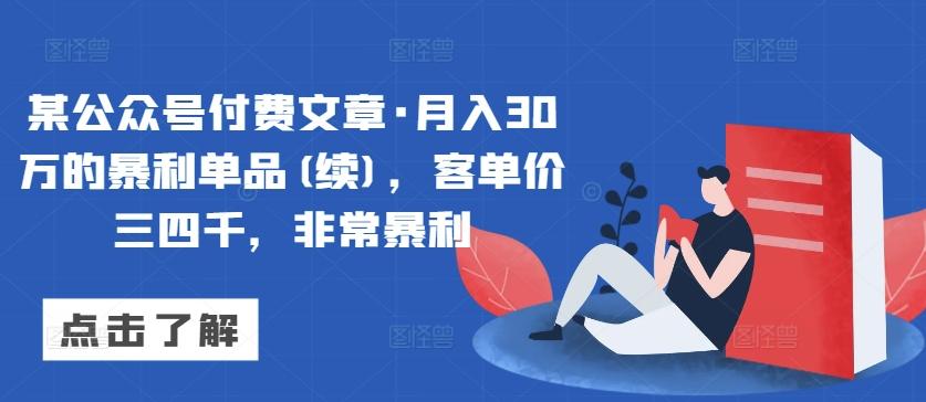 某公众号付费文章·月入30万的暴利单品(续)，客单价三四千，非常暴利-金易项目网