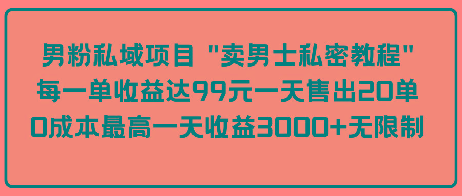 (9730期)男粉私域项目 “卖男士私密教程” 每一单收益达99元一天售出20单-金易项目网